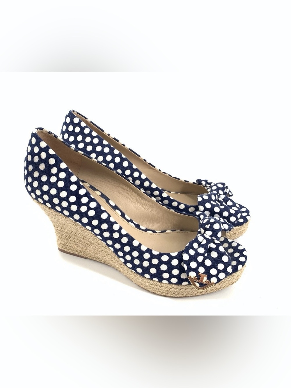 Tory Burch Dory Peep-Toe Polka Dot Navy Wedge Pumps with Bow
